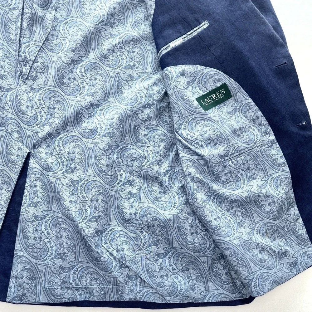 Lauren Ralph Lauren Men's 60L 100% Linen Navy Blue Blazer Paisley Lined